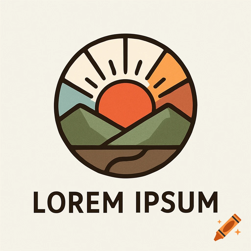 A minimalist logo depicting a sunrise over mountains within a circle, with 'LOREM IPSUM' text below.