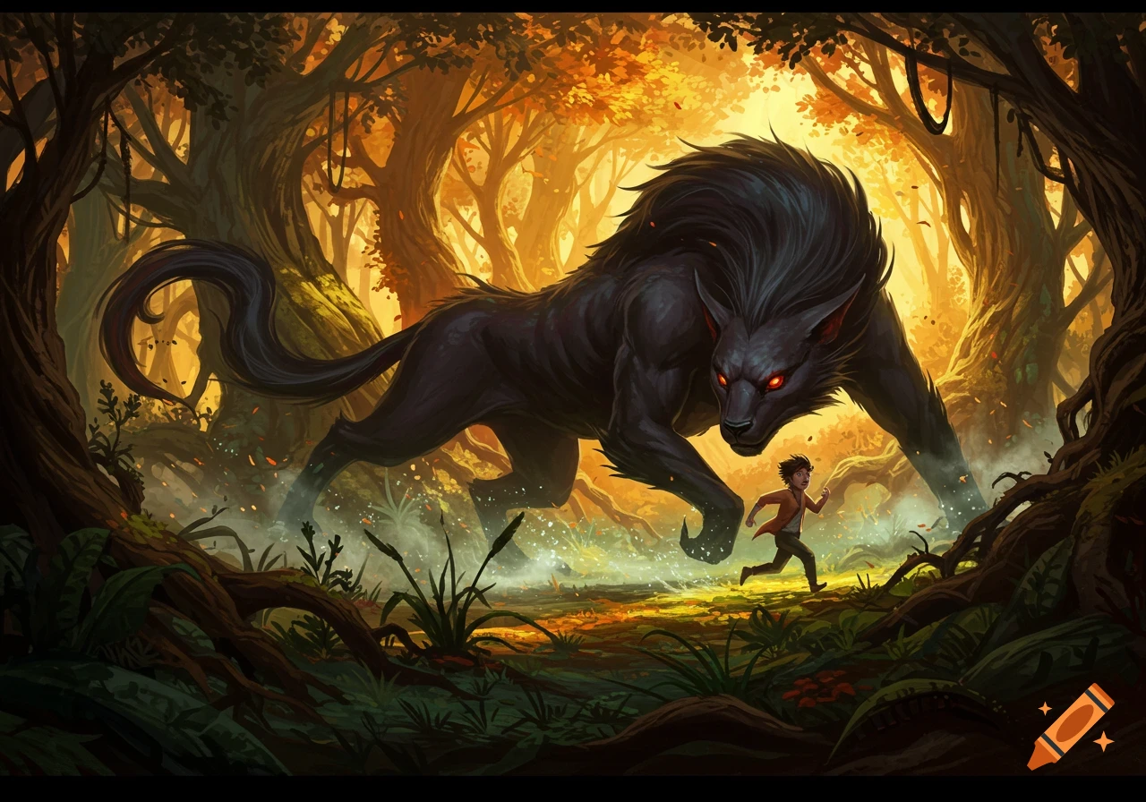 A boy runs from a large, dark creature with glowing red eyes in a sunlit forest with orange and green trees, in a fantasy art style.