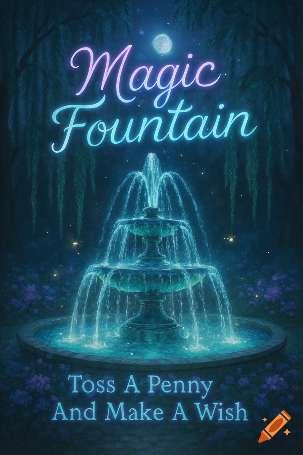 A magical three-tiered fountain glows under a full moon at night, with "Magic Fountain" and "Toss A Penny And Make A Wish" text.