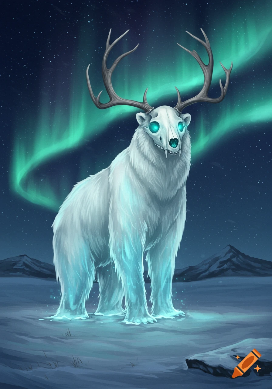 A ghostly white polar bear-like creature with a skull head, glowing blue eyes, and large antlers stands in a snowy arctic landscape under vibrant green northern lights.