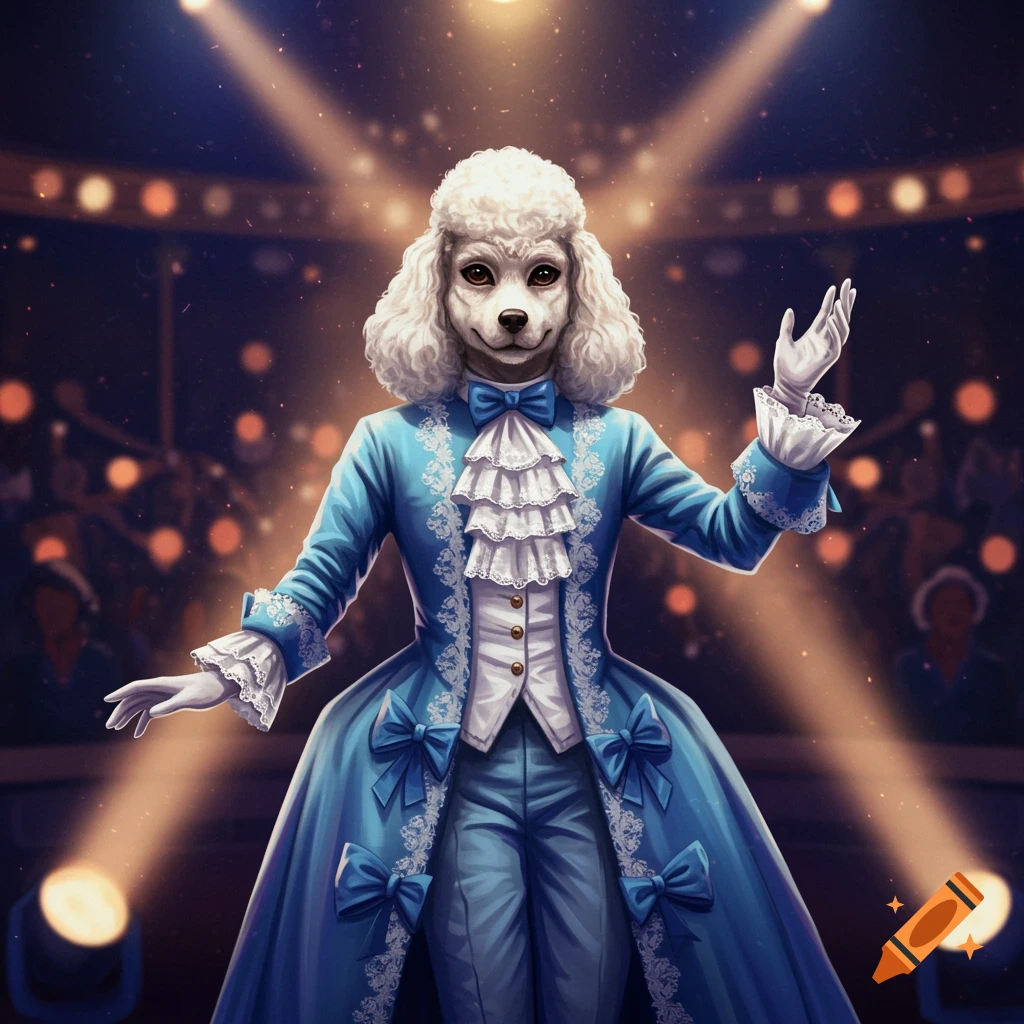An anthropomorphic poodle in an elaborate blue and white Rococo-style costume stands on a stage under spotlights.