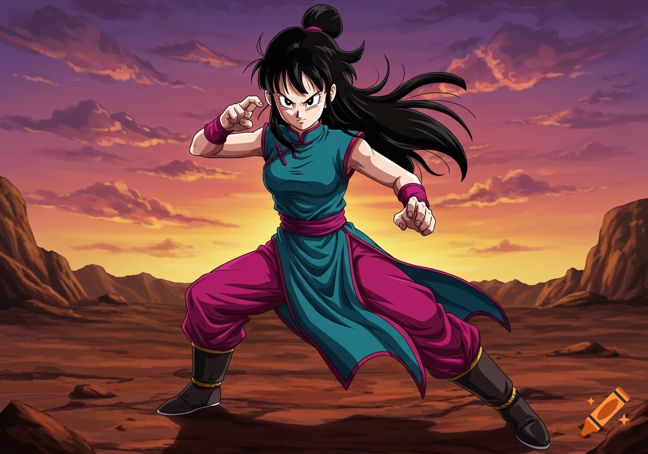 Chichi from Dragon Ball in a fighting stance, fists clenched, against a sunset desert background in anime style.