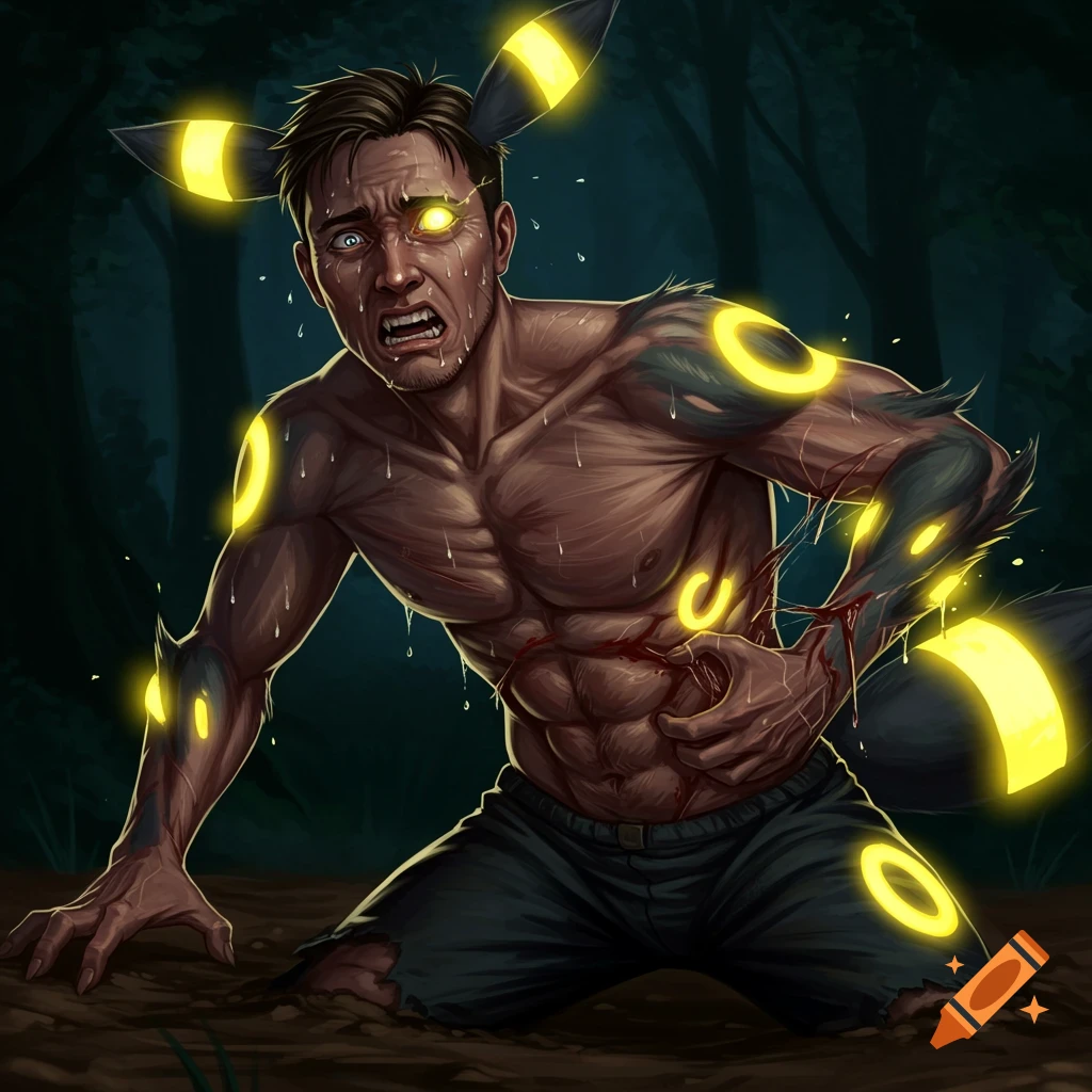 Man agonizingly transforming into an Umbreon with glowing yellow rings and fur, kneeling in a dark forest.
