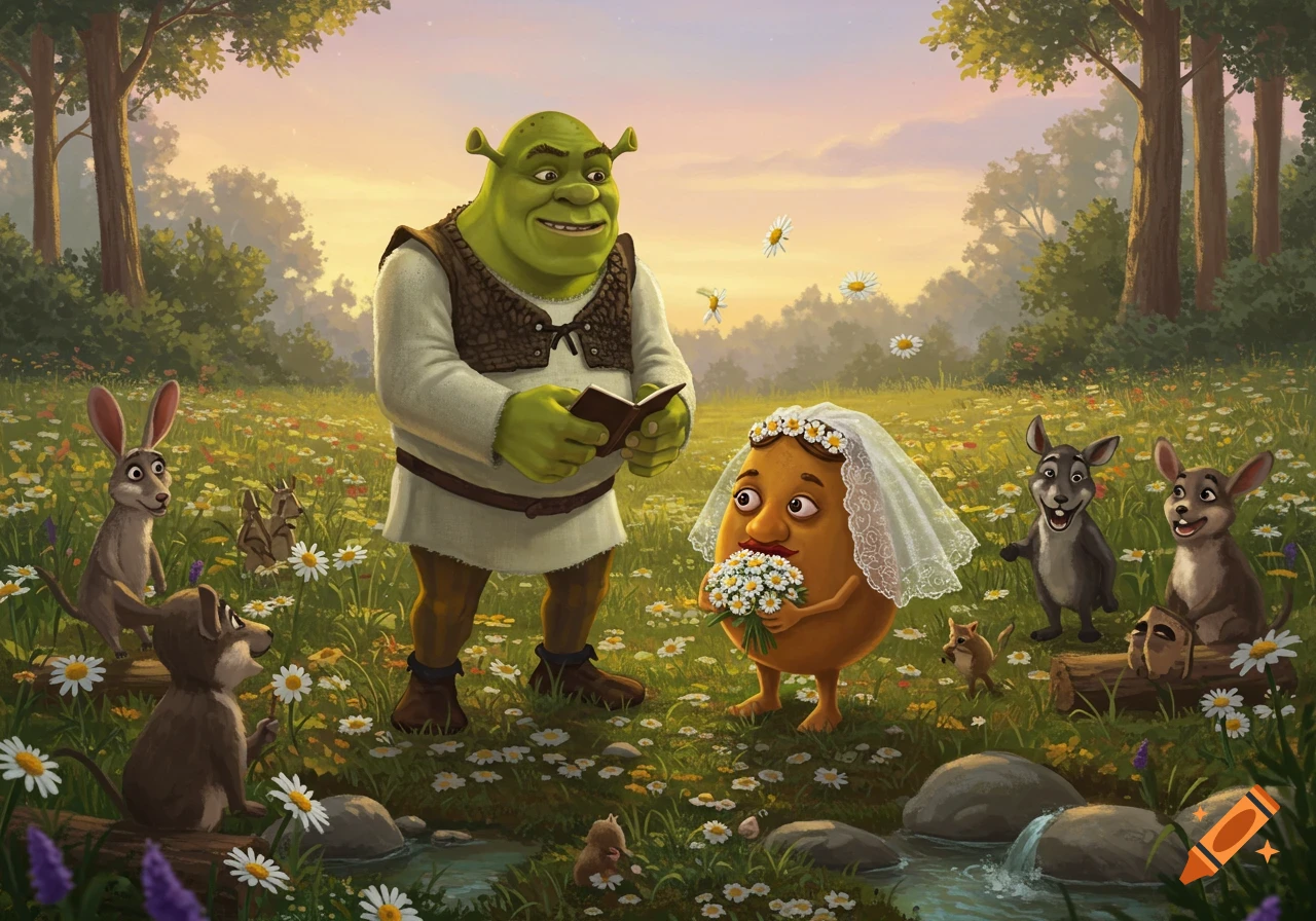 Shrek reads from a book as a potato bride holds a bouquet in a whimsical meadow wedding with small animal guests.