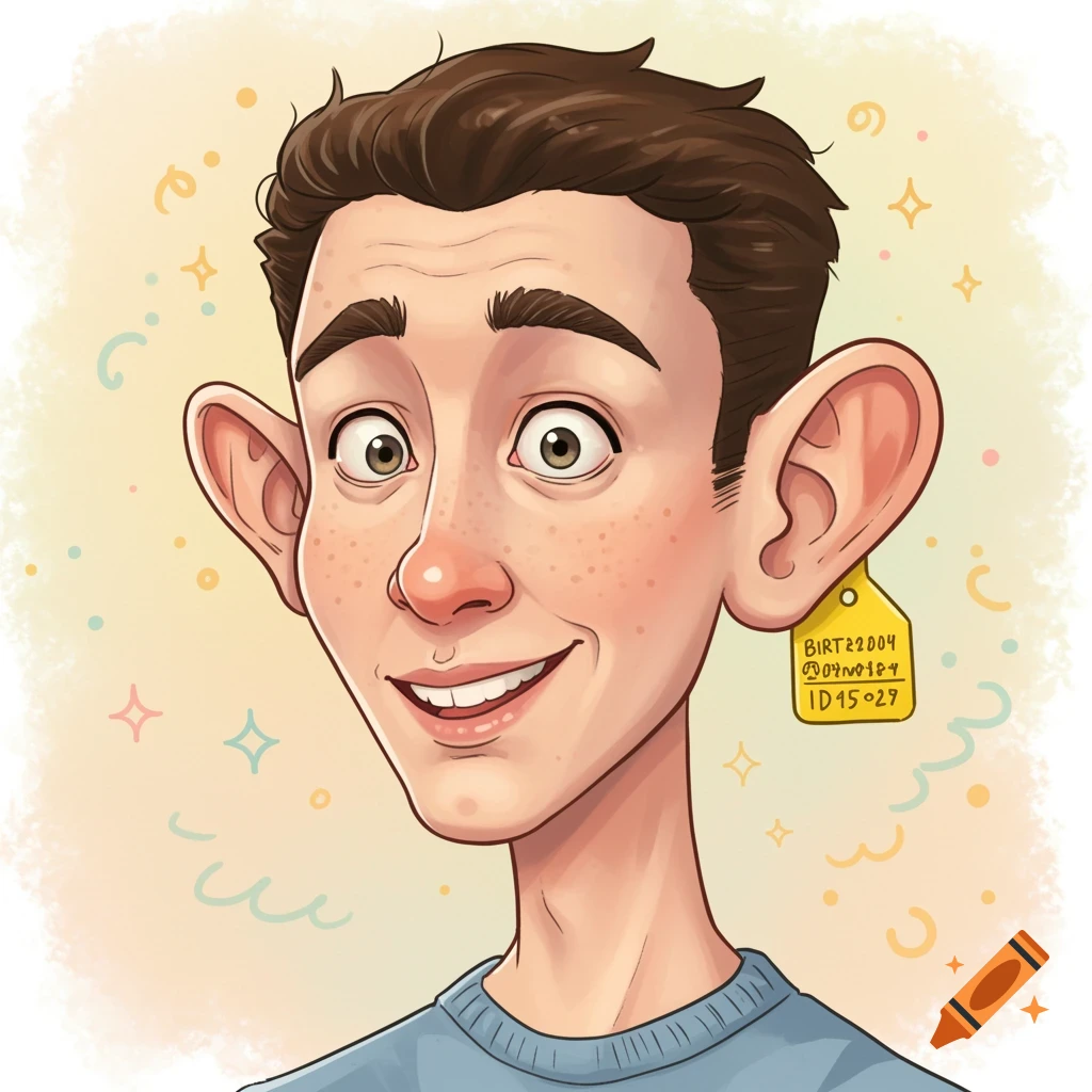 A smiling cartoon man with large ears and freckles, wearing a yellow ear tag on his right ear.