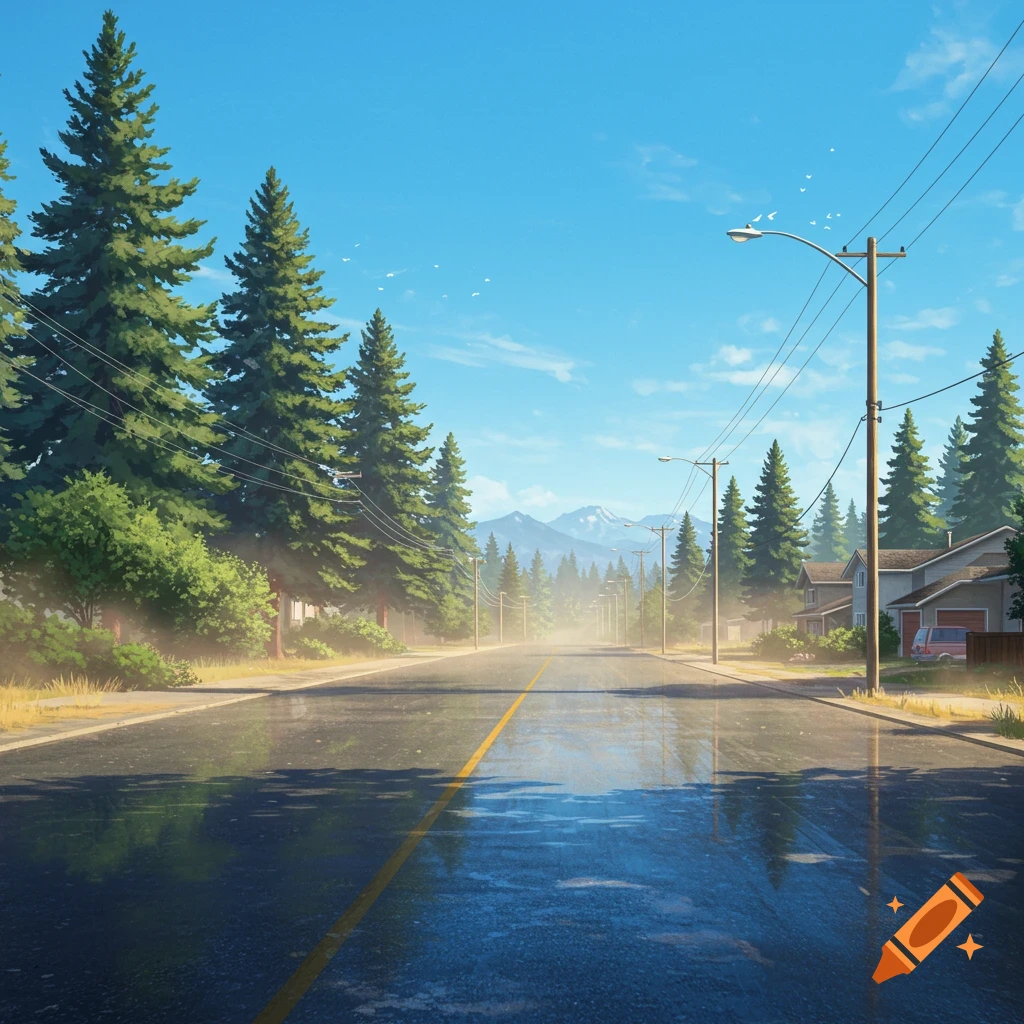An illustrated street view down a wet road flanked by tall evergreen trees and houses, with mountains in the distance under a blue sky.