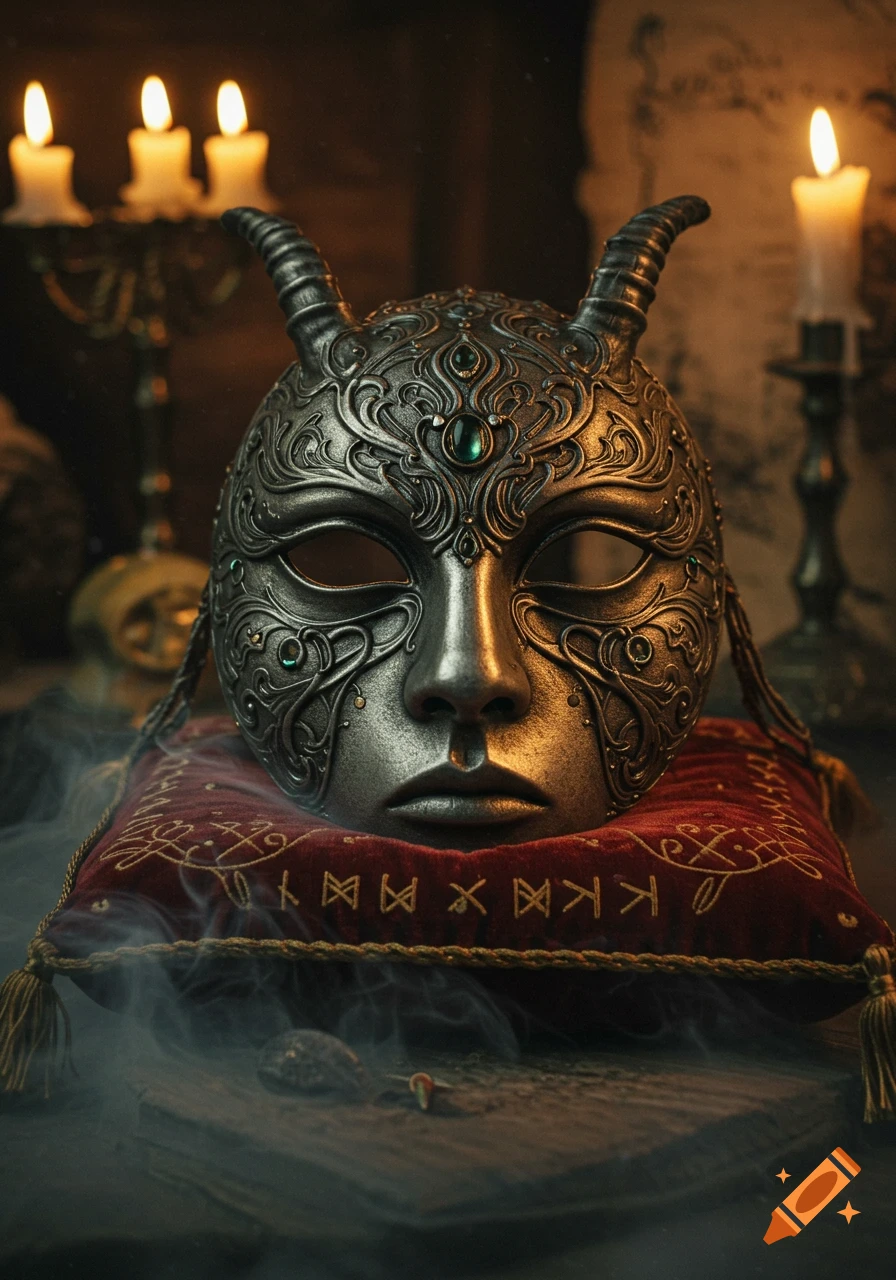 Ornate silver horned mask on a red velvet cushion with gold embroidery, surrounded by glowing candles and smoke in a dark, mystical setting.