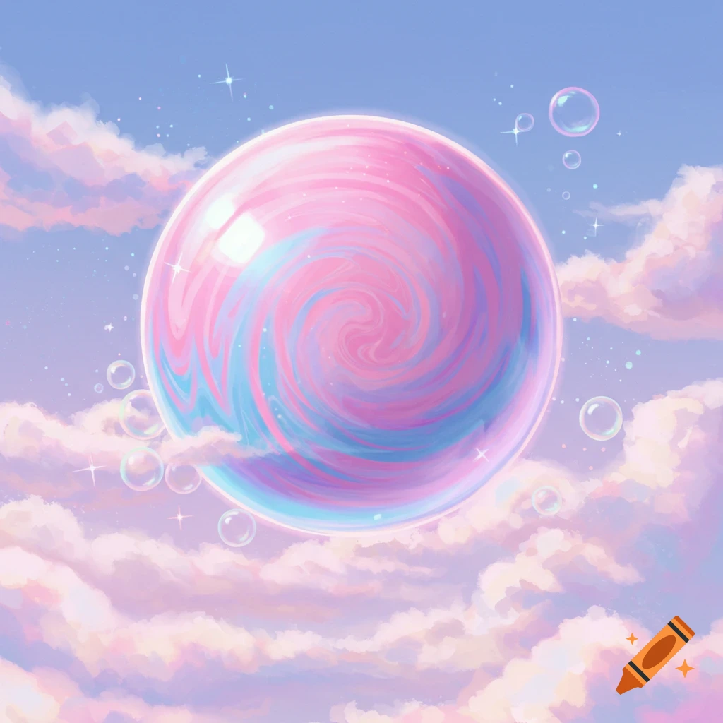 A large pink and blue swirled gumball or bubble floats among pastel clouds and sparkling stars in a clear blue sky, in a digital art style.