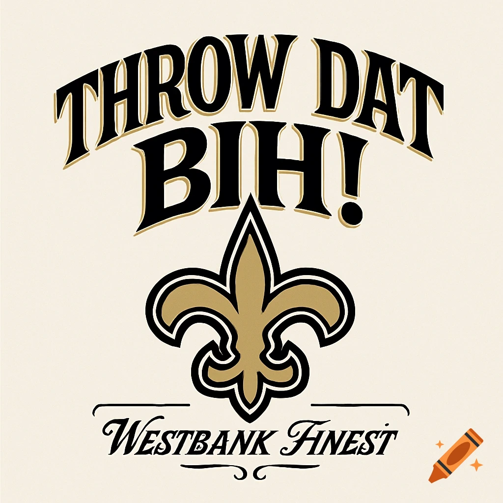 A cream background with black and gold text and a fleur-de-lis logo. The top text reads "THROW DAT BIH!" in an arch. Below, a black and gold fleur-de-lis emblem. Underneath, a line with "WESTBANK FINEST" in script.