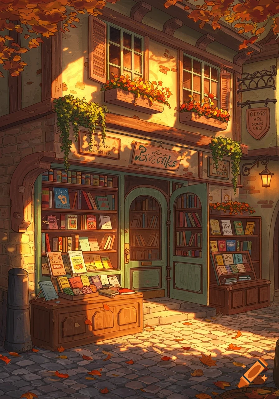 A whimsical, illustrated bookstore with shelves of books, autumn leaves on the cobblestone street, and warm late afternoon sunlight.