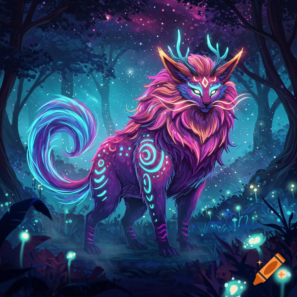 A luminous, vibrant fantasy beast with glowing pink and blue fur and antlers stands in a dark, magical forest with glowing plants.
