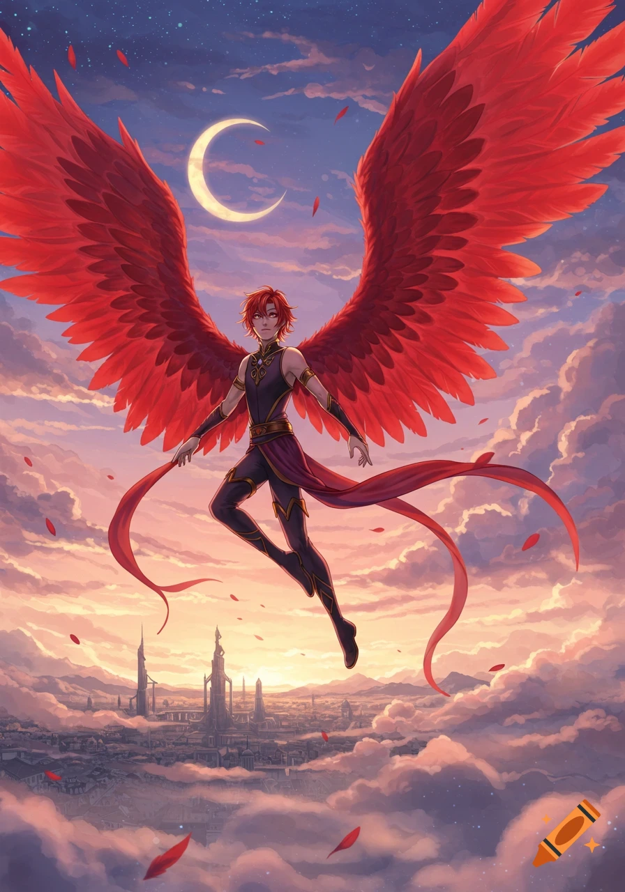Anime character with red wings flying above a city at twilight with a crescent moon.