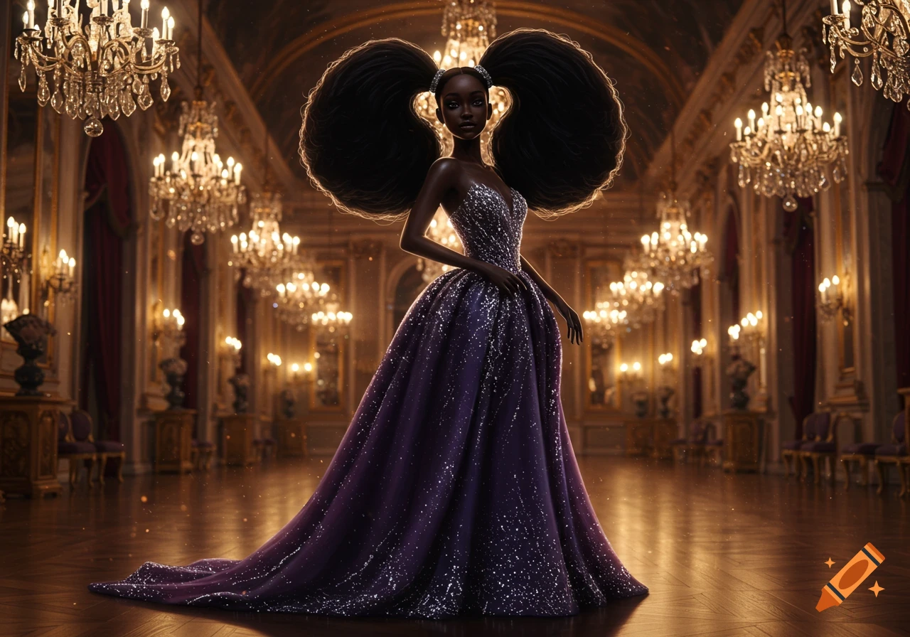 A Black woman in a sparkling purple gown with large pigtails stands in a grand ballroom.