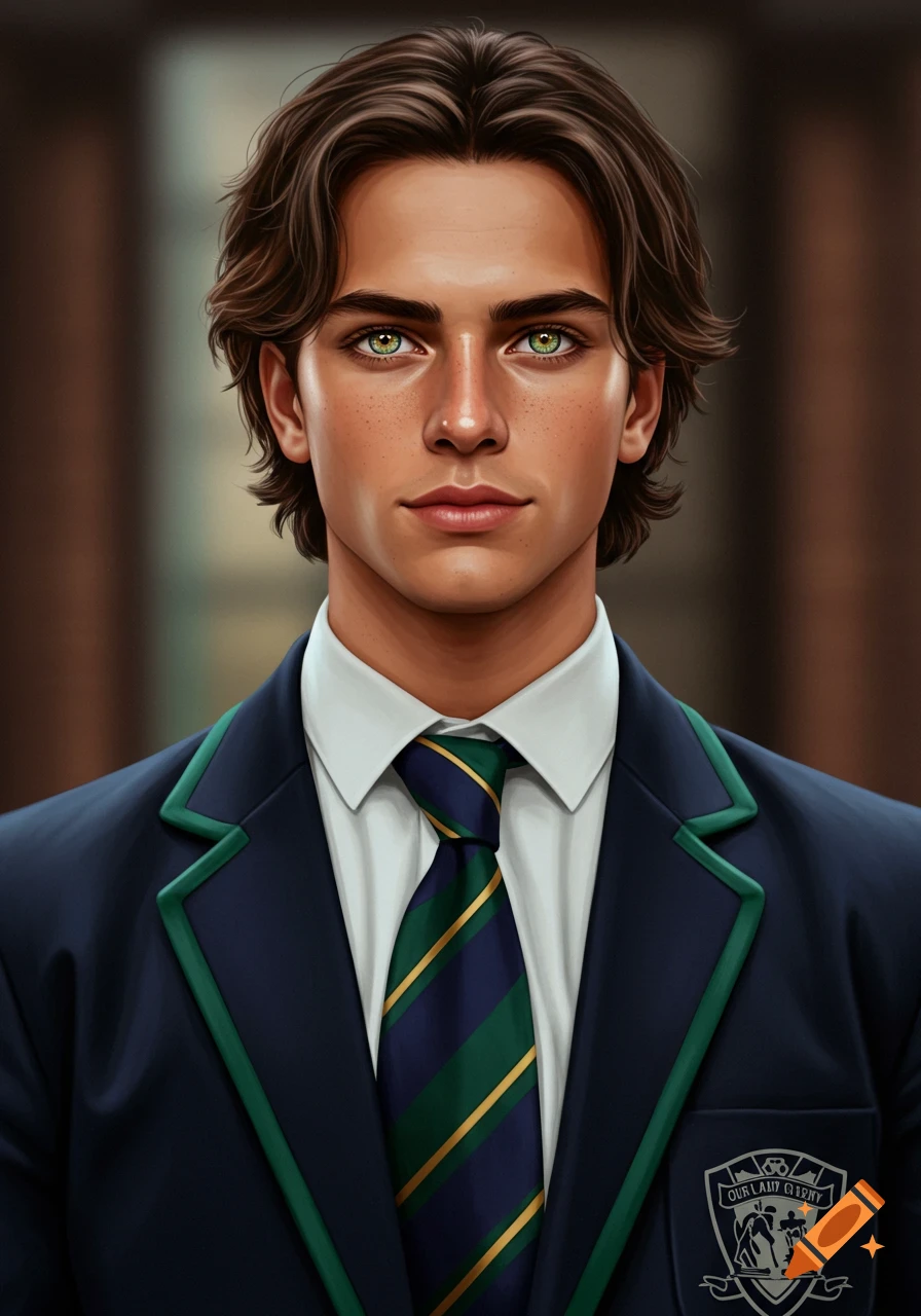 A stylized portrait of a young man with brown hair and green eyes, wearing a dark blue school blazer with green piping and a striped tie.