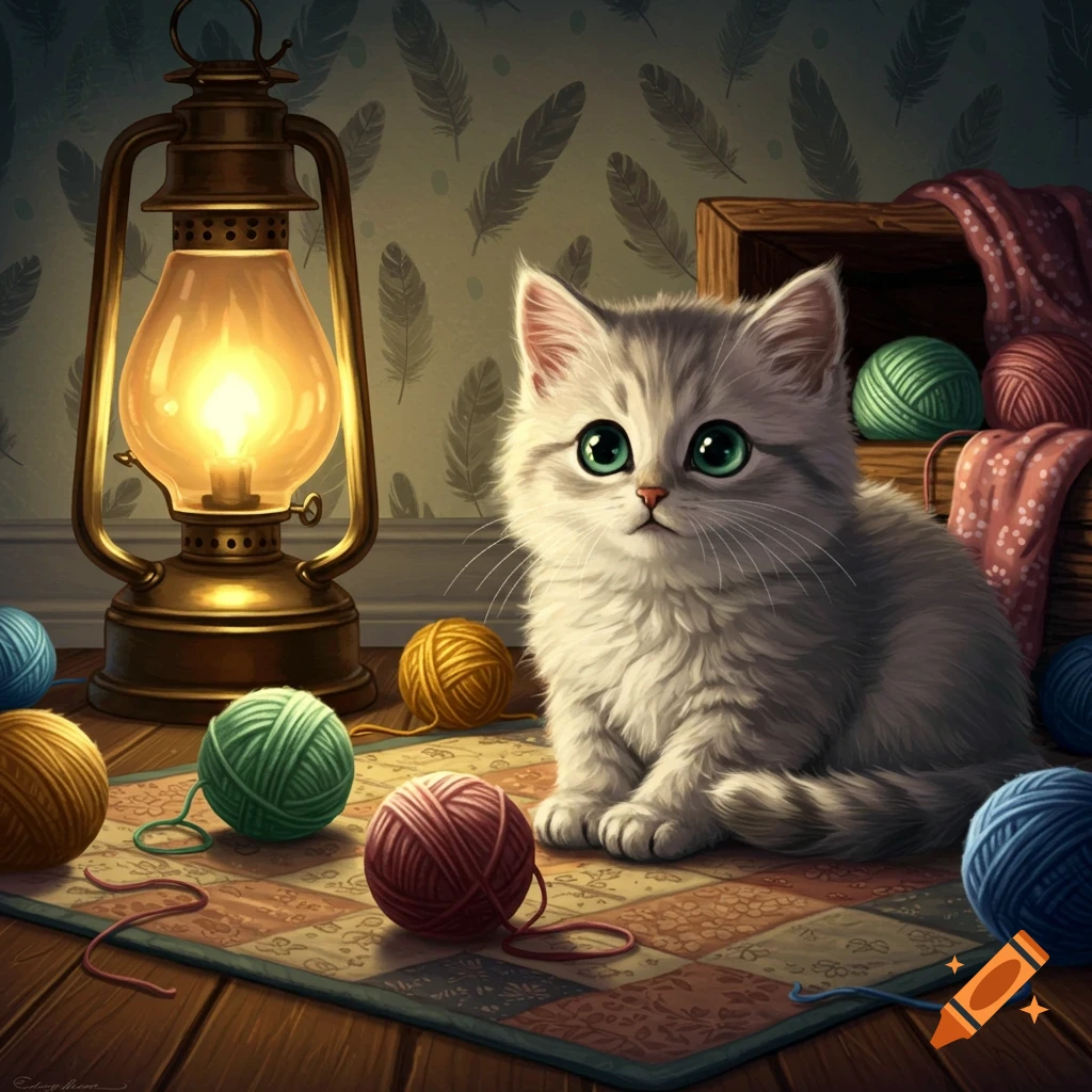 A fluffy white kitten with large green eyes sits on a colorful quilt surrounded by yarn balls, illuminated by a glowing lantern.