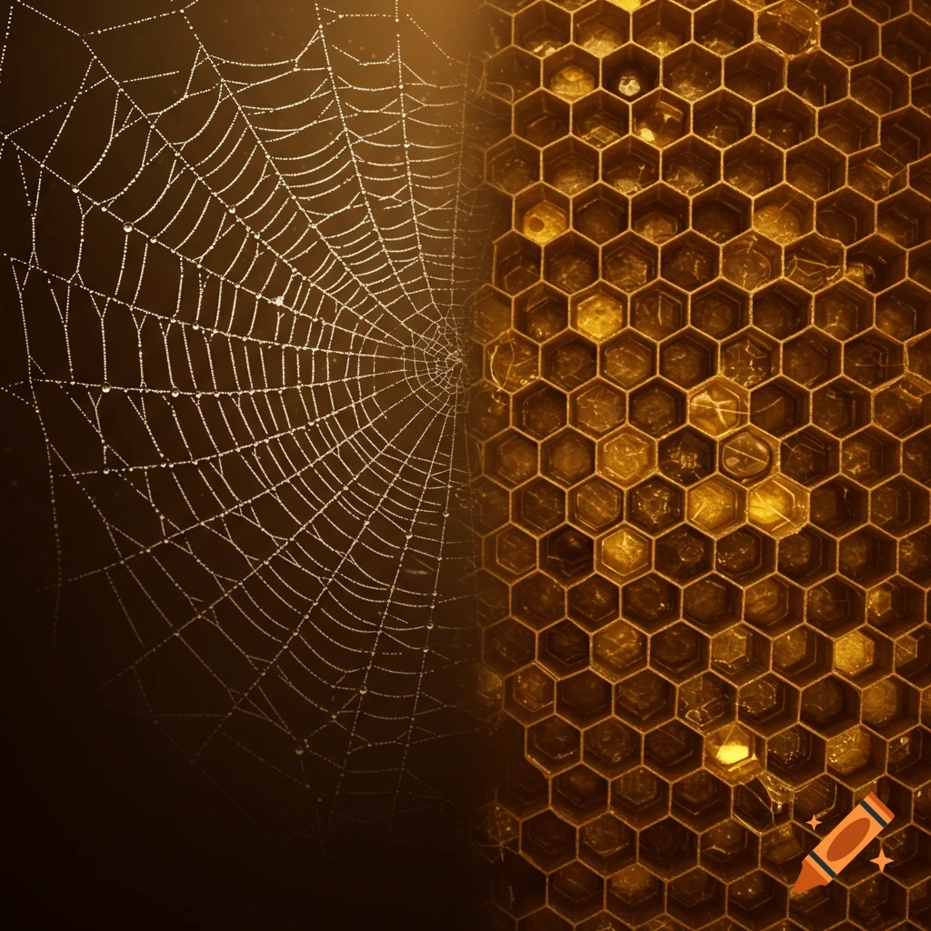 A dew-covered spider web on the left merges with a golden honeycomb structure on the right, bathed in warm, earthy light.