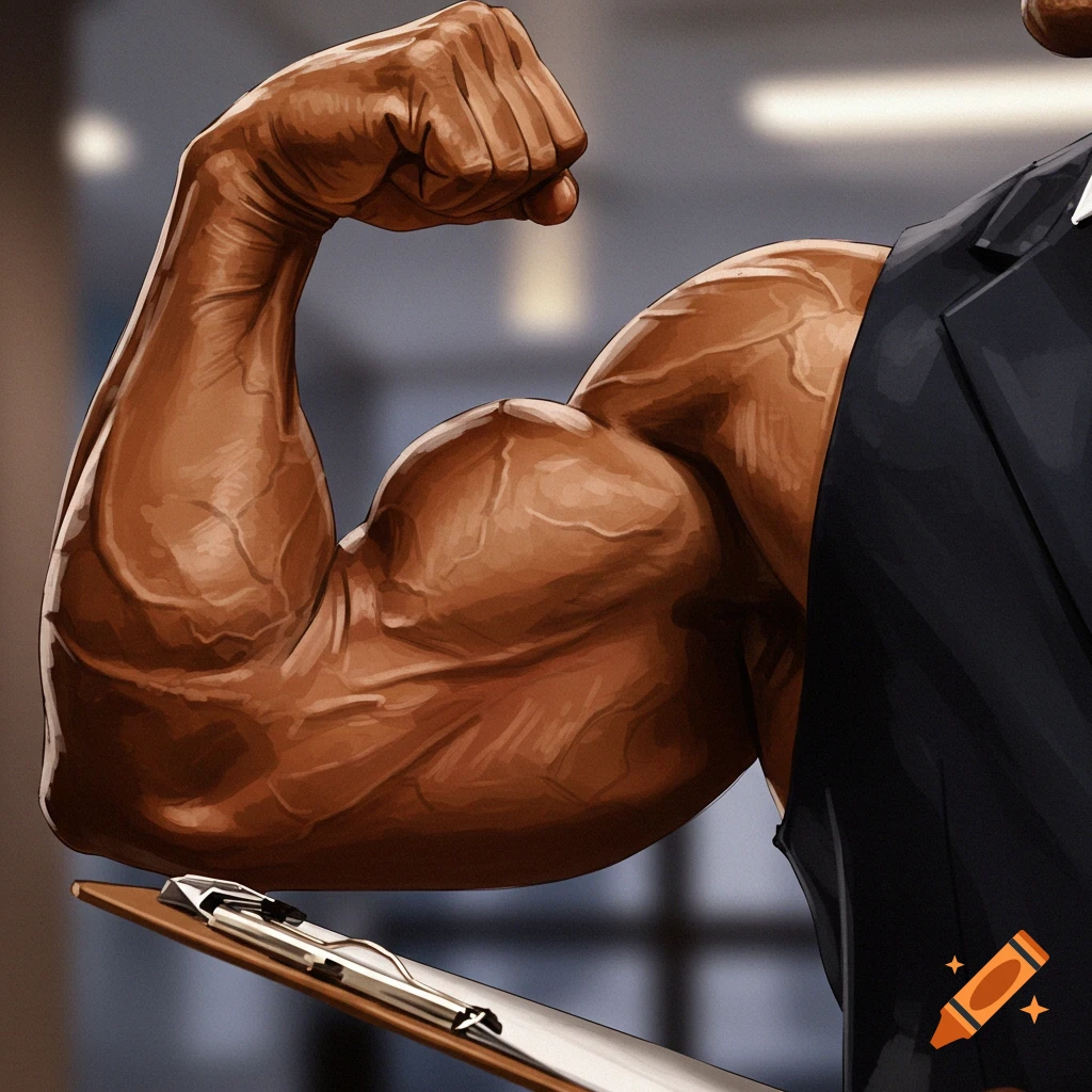 Close-up of a muscular arm flexing a bicep while holding a clipboard, in a digital illustration style.