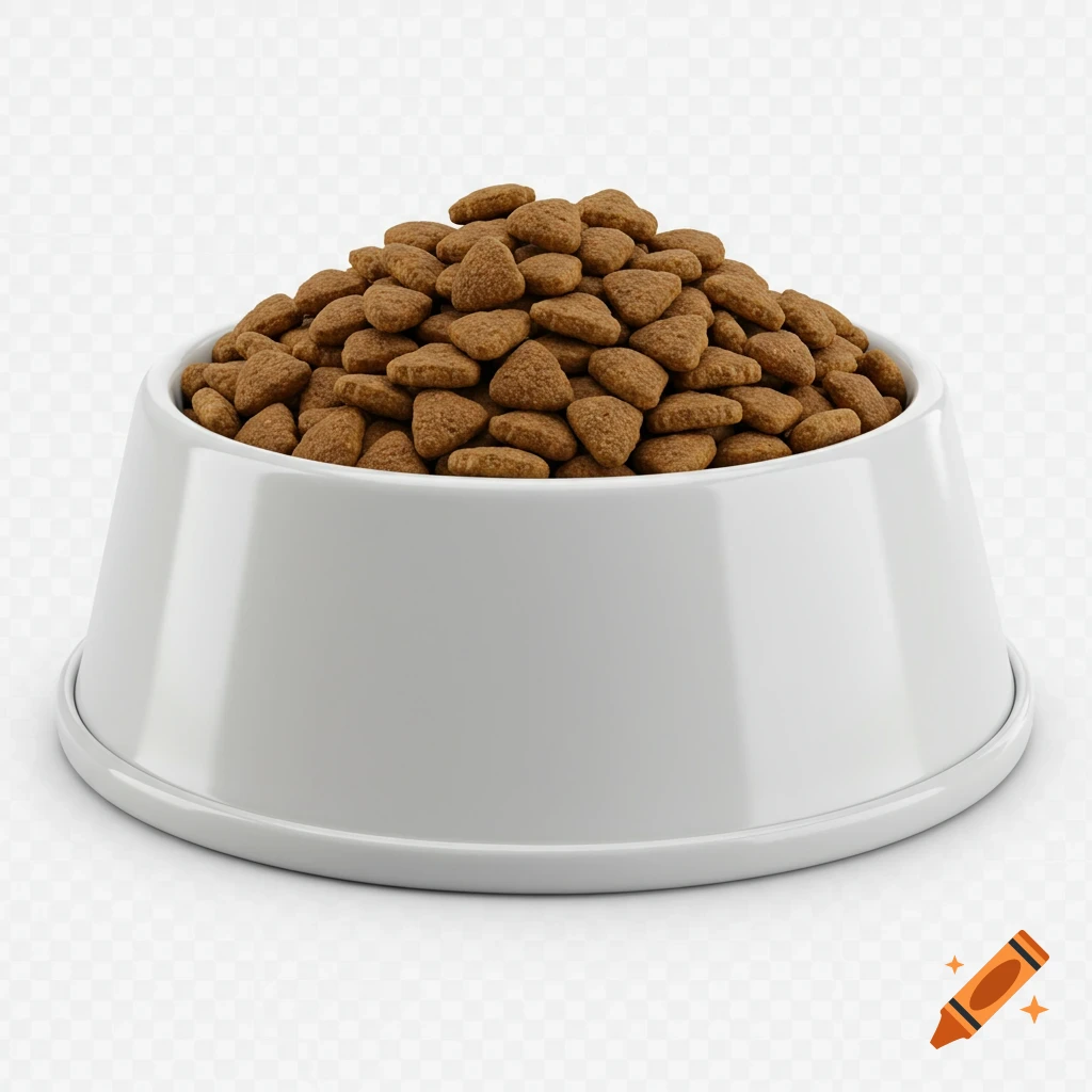 A white bowl filled with brown dog kibble on a transparent background.