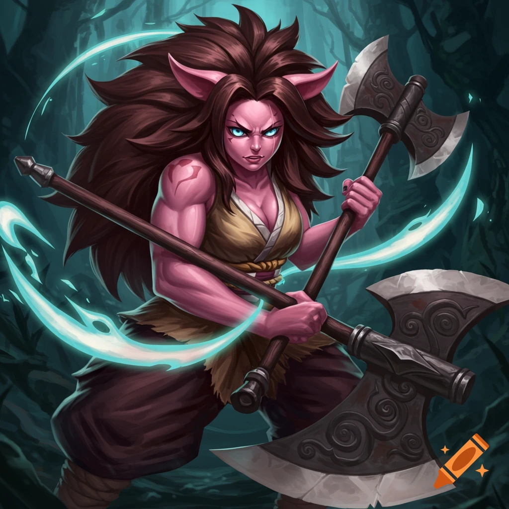 A pink-skinned female fantasy warrior with poofy brown hair, blue eyes, and a scar, holding a battle axe in a dark forest.