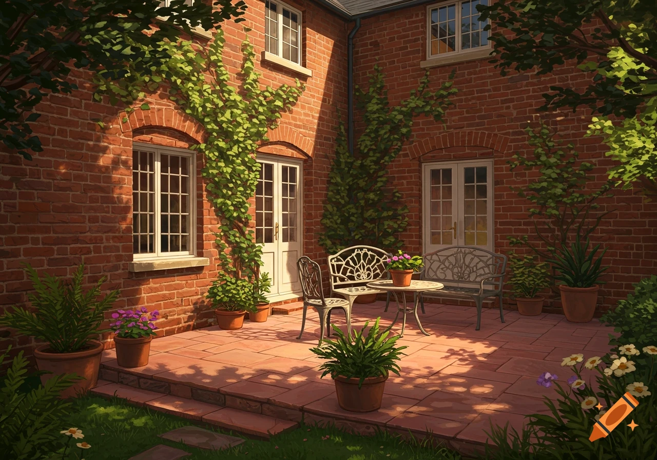 A charming red brick house patio with green vines, potted plants, and garden furniture under dappled sunlight, in an illustrative style.