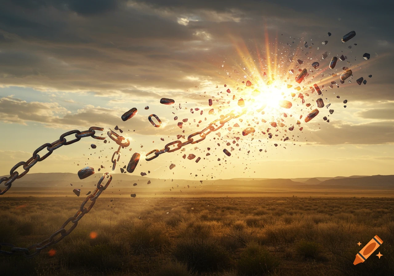 A metal chain shatters with a bright explosion of light in a golden field at sunset.