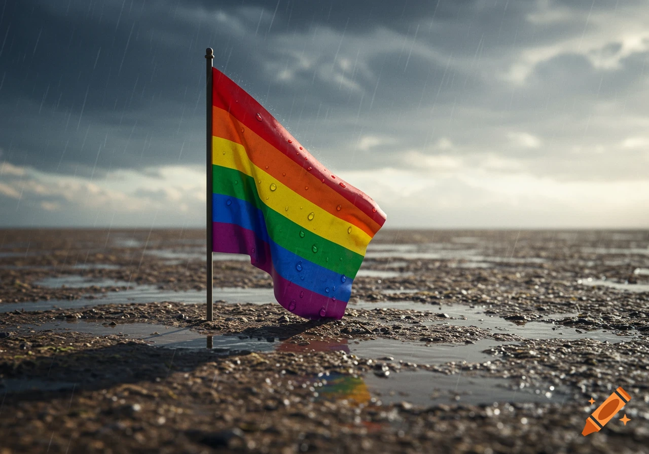 Photorealistic image of a rainbow pride flag stuck in wet, muddy ground under a stormy, rainy sky with sunbeams.