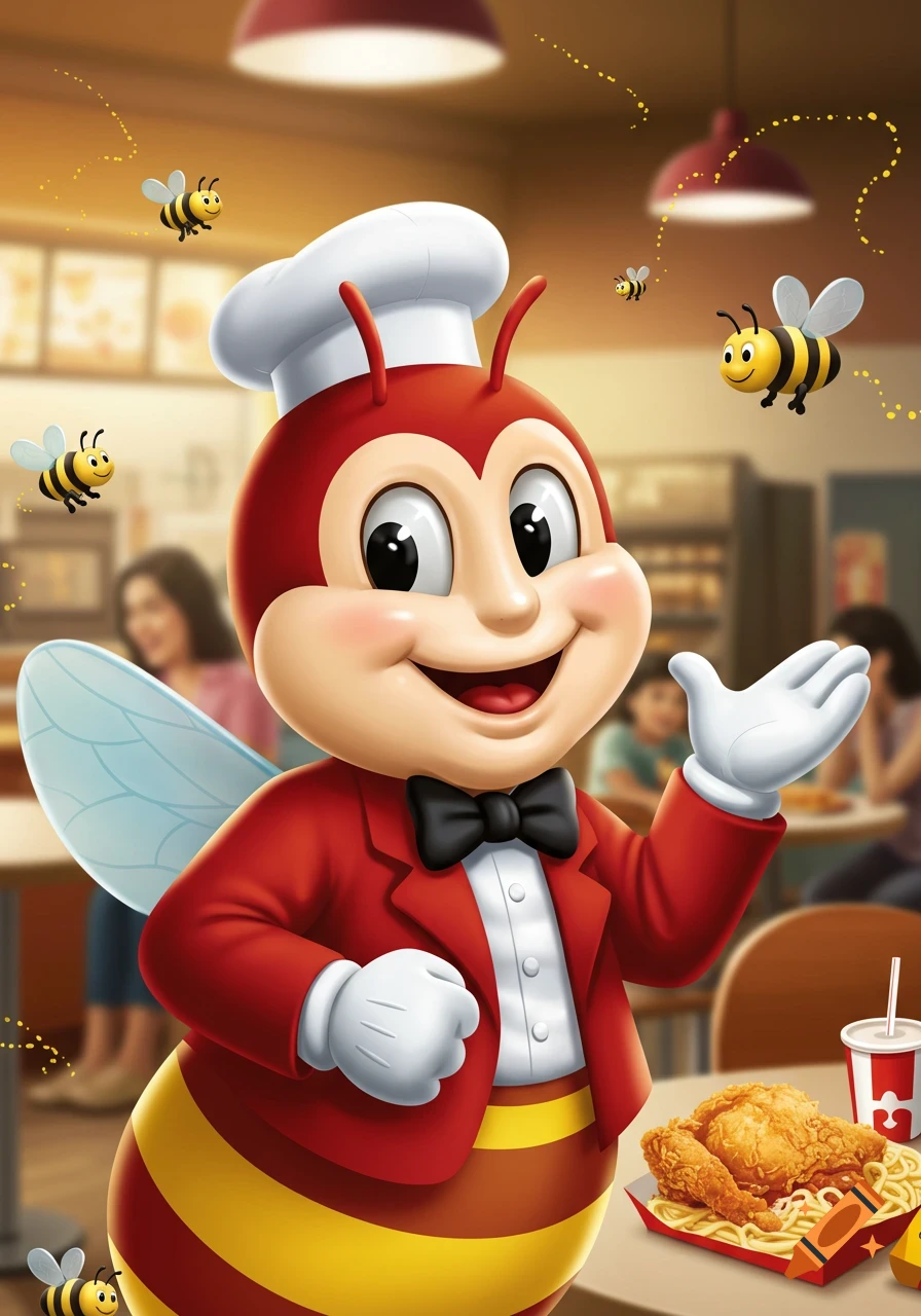 Jollibee mascot, a red bee character in a chef hat and tuxedo, smiles at a table with fried chicken and spaghetti in a restaurant setting with flying bees.