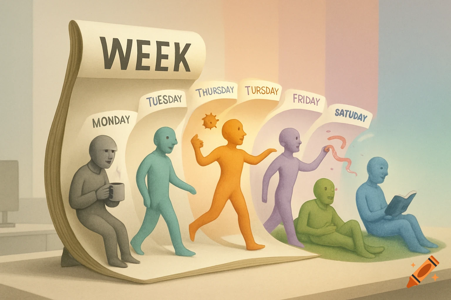 A conceptual illustration of a weekly calendar with anthropomorphic figures representing different days, showing activities from drinking coffee to reading.