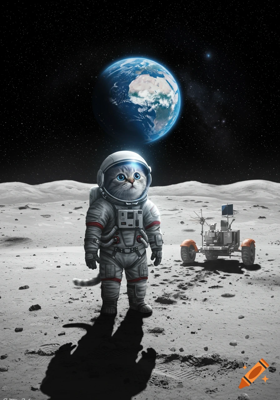 A photorealistic cat astronaut stands on the moon with the Earth and a rover in the background.