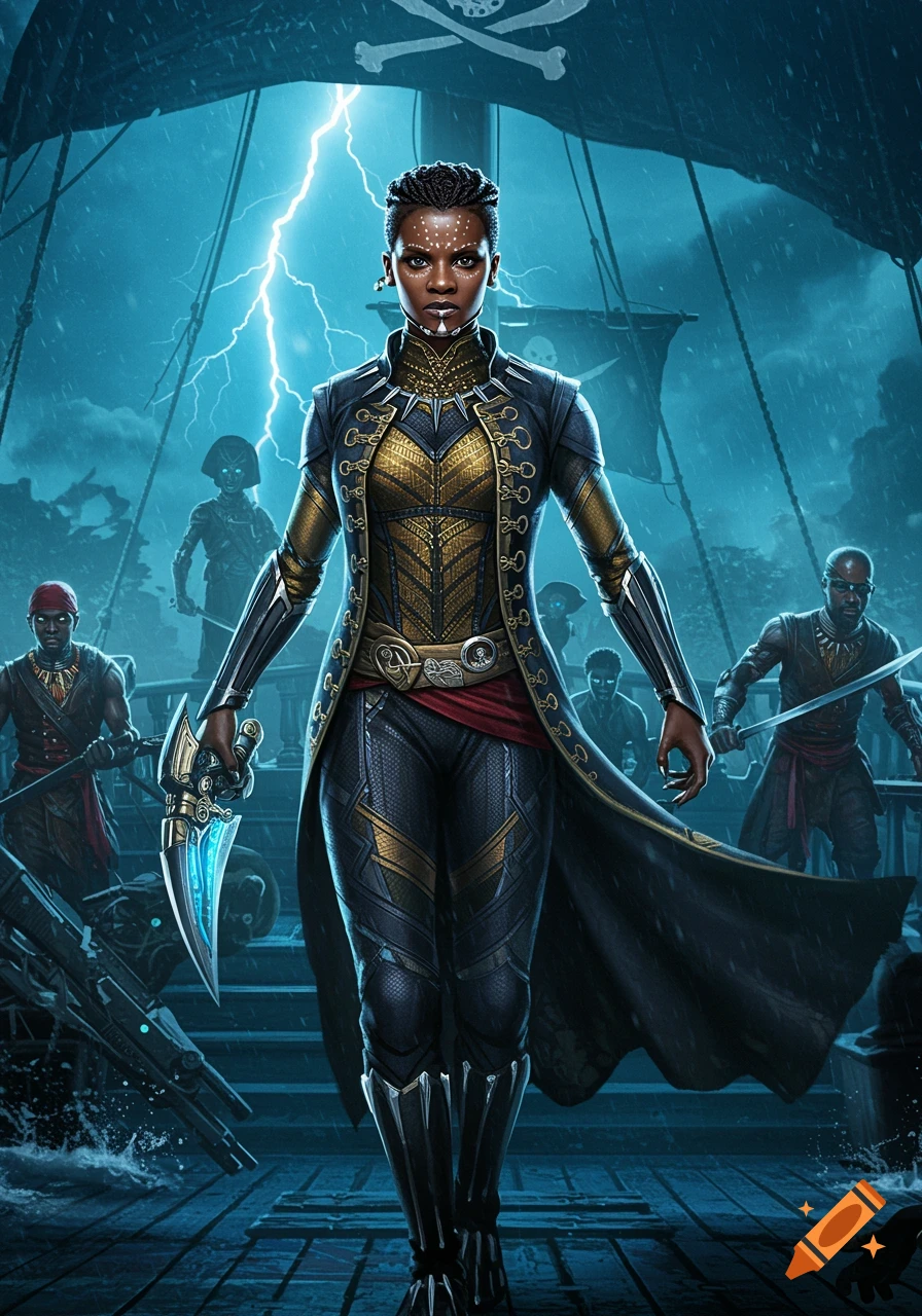 A commanding female pirate in ornate black and gold attire stands on a ship deck with a glowing blue dagger, as lightning strikes during a storm.