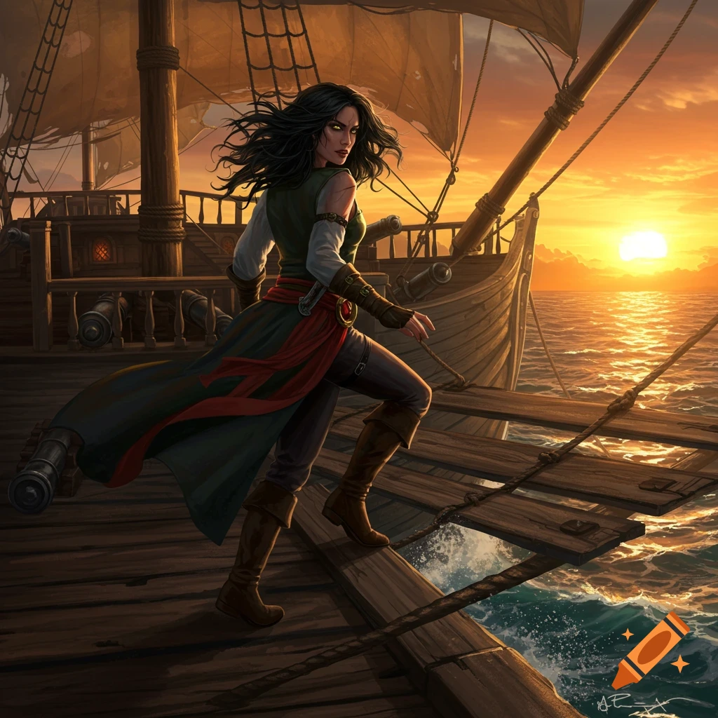 A female pirate with dark hair and a green cloak walks on the deck of a pirate ship at sunset, looking over her shoulder.