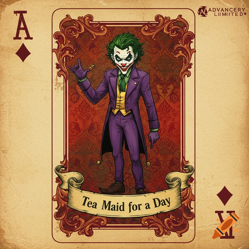 Cartoon illustration of the Joker on a vintage-style Ace of Diamonds playing card with a banner reading 'Tea Maid for a Day'.