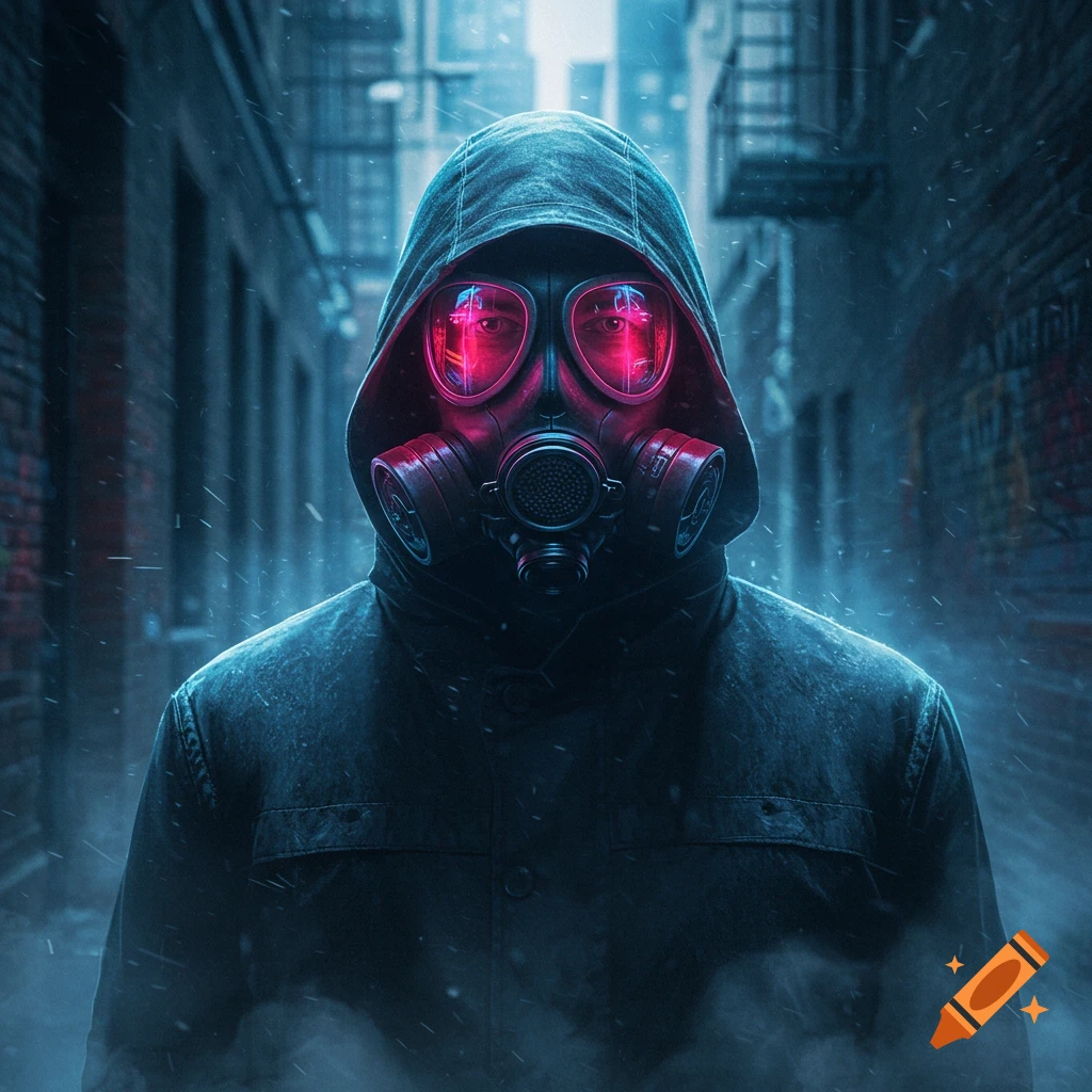A hooded man with a gas mask and glowing red eyes stands in a dark, snowy urban alley.