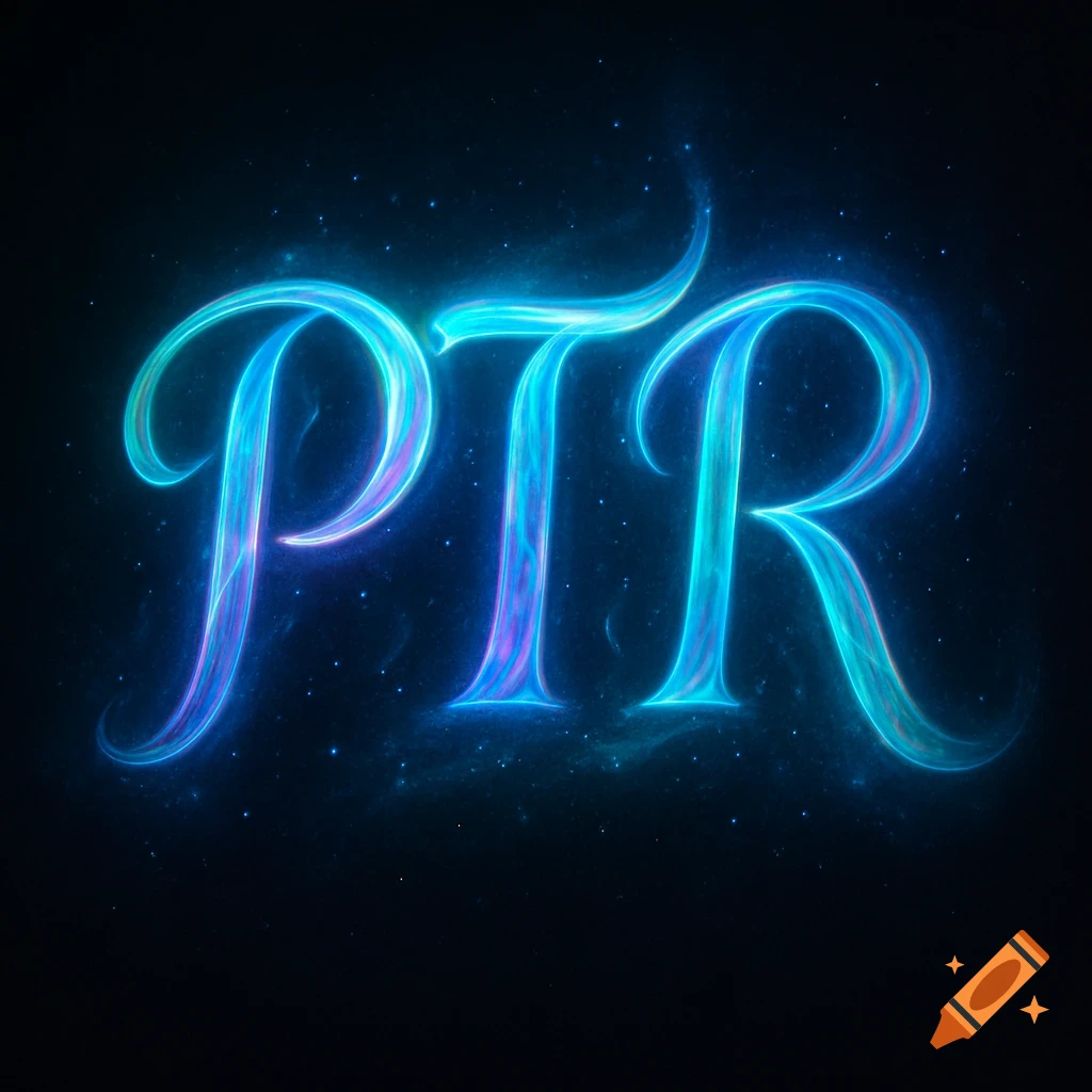 The letters 'PTR' rendered in glowing blue and purple neon light, set against a dark, starry background.