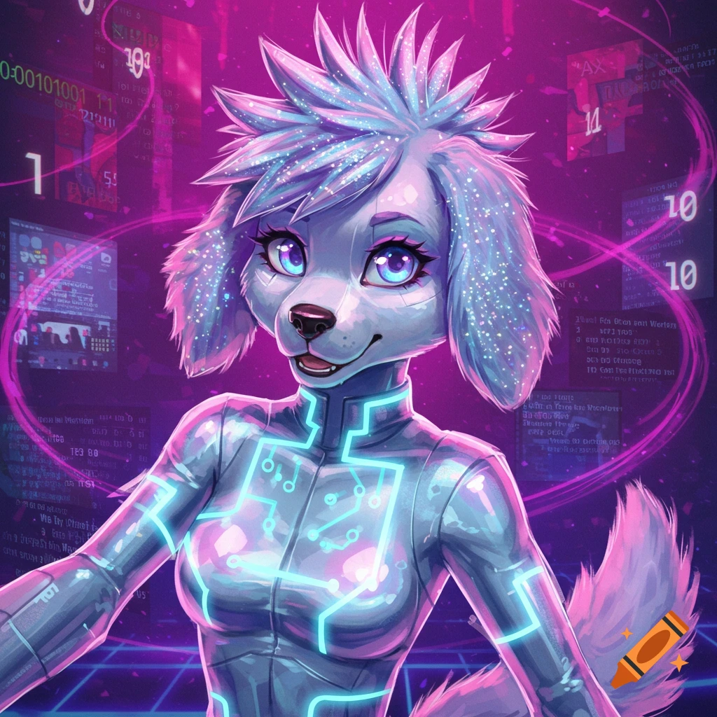 A stylized anthropomorphic dog character, a fursona, in a vibrant cyberpunk setting, wearing a glowing tech suit.