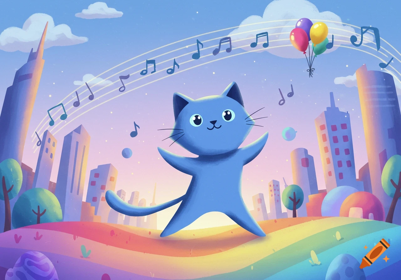 A cute blue cartoon cat stands on a rainbow-colored hill in a whimsical city with music notes and balloons, in a children's book illustration style.