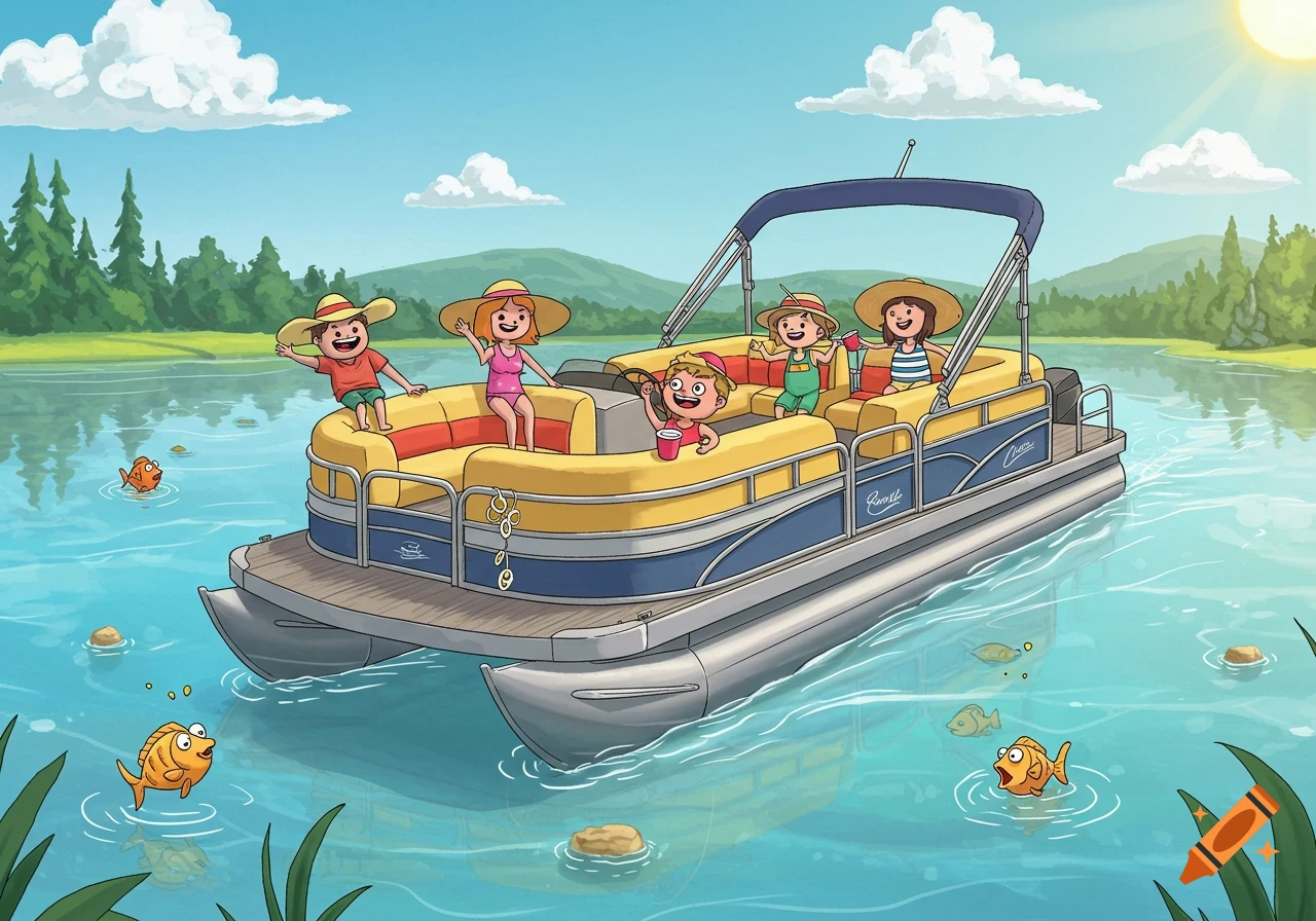 Cartoon of a family enjoying a sunny day on a pontoon boat in a lake surrounded by trees.
