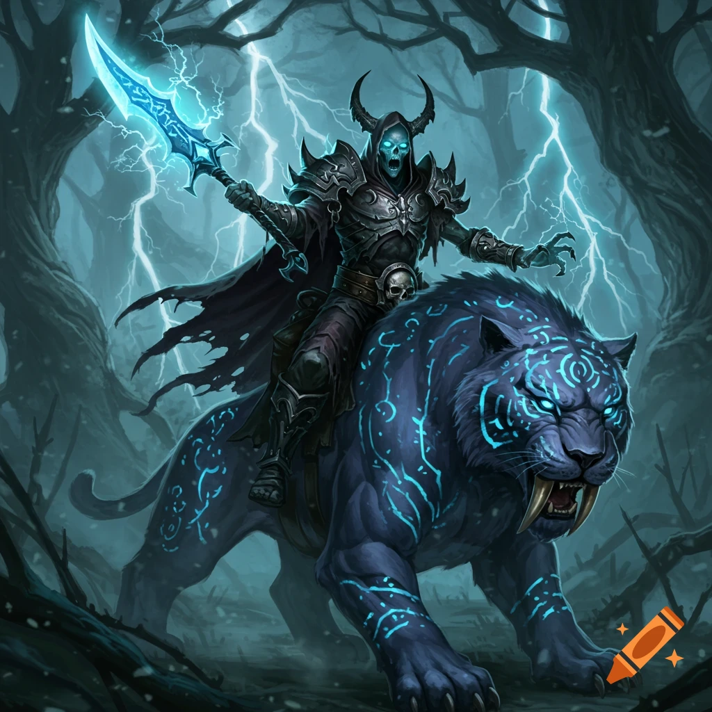 Undead warlock in dark armor rides a glowing blue saber-toothed tiger amidst a stormy, lightning-filled forest.