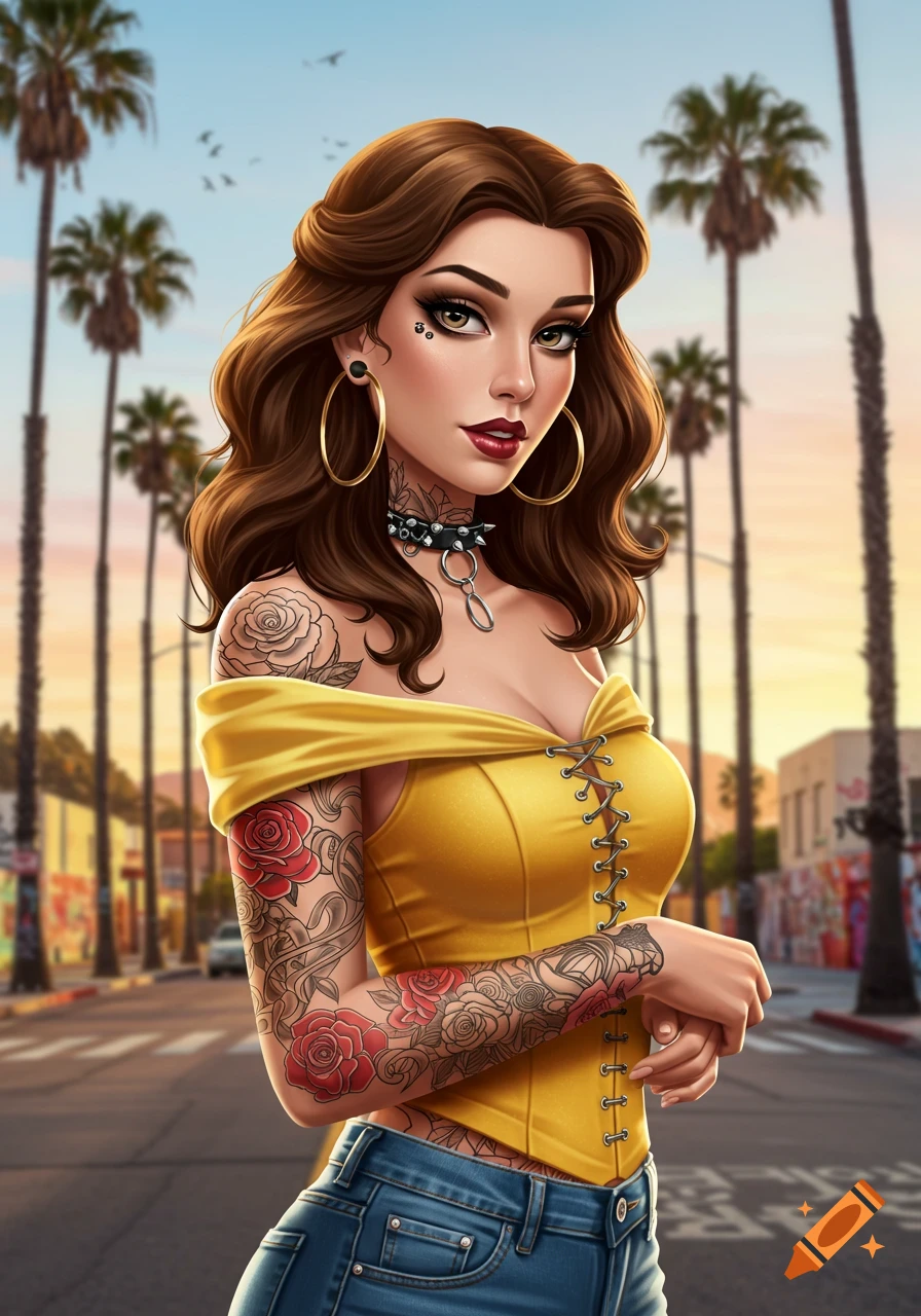 Stylized illustration of a woman with long brown hair, a yellow off-shoulder top, jeans, and extensive rose tattoos, standing on an LA street with palm trees at sunset.