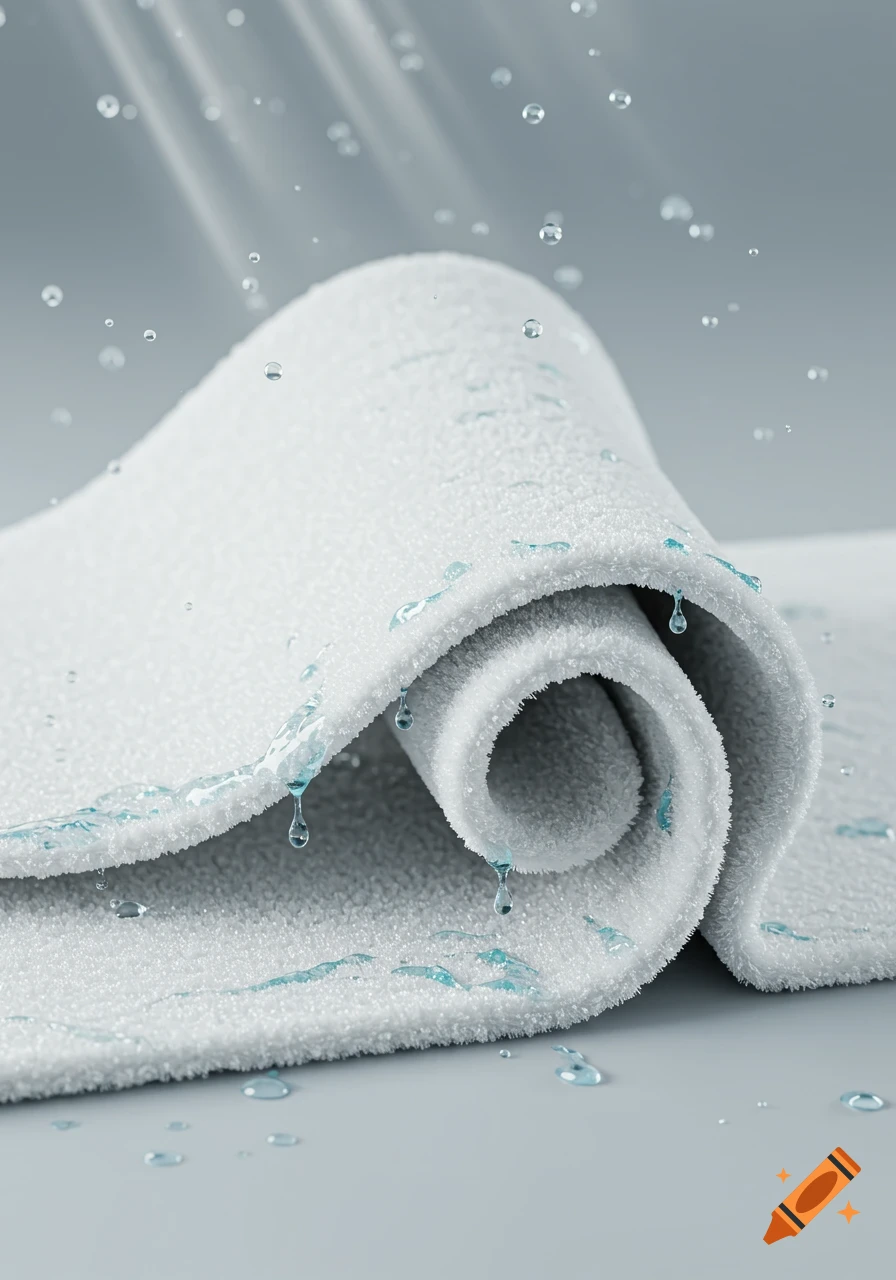 A close-up, photorealistic image of a rolled white towel or fabric with water droplets running down its surface.