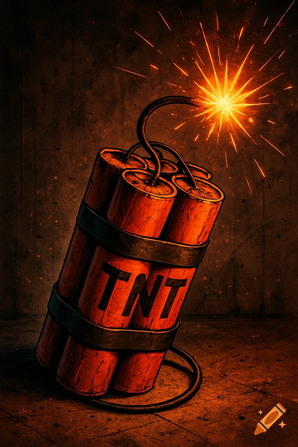 A stylized illustration of a bundle of TNT sticks with a lit fuse sparking brightly against a dark, textured background.