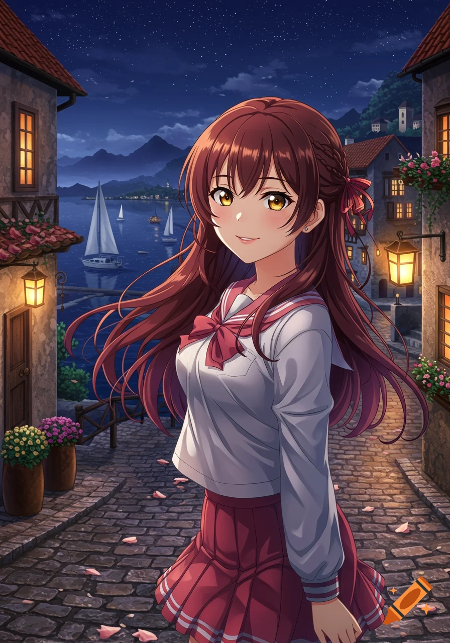An anime girl with long brown hair in a school uniform stands on a cobblestone street in a moonlit coastal town.