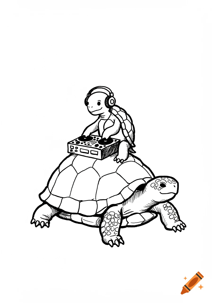 A black and white line drawing of a small turtle wearing headphones and DJing on the back of a larger turtle.