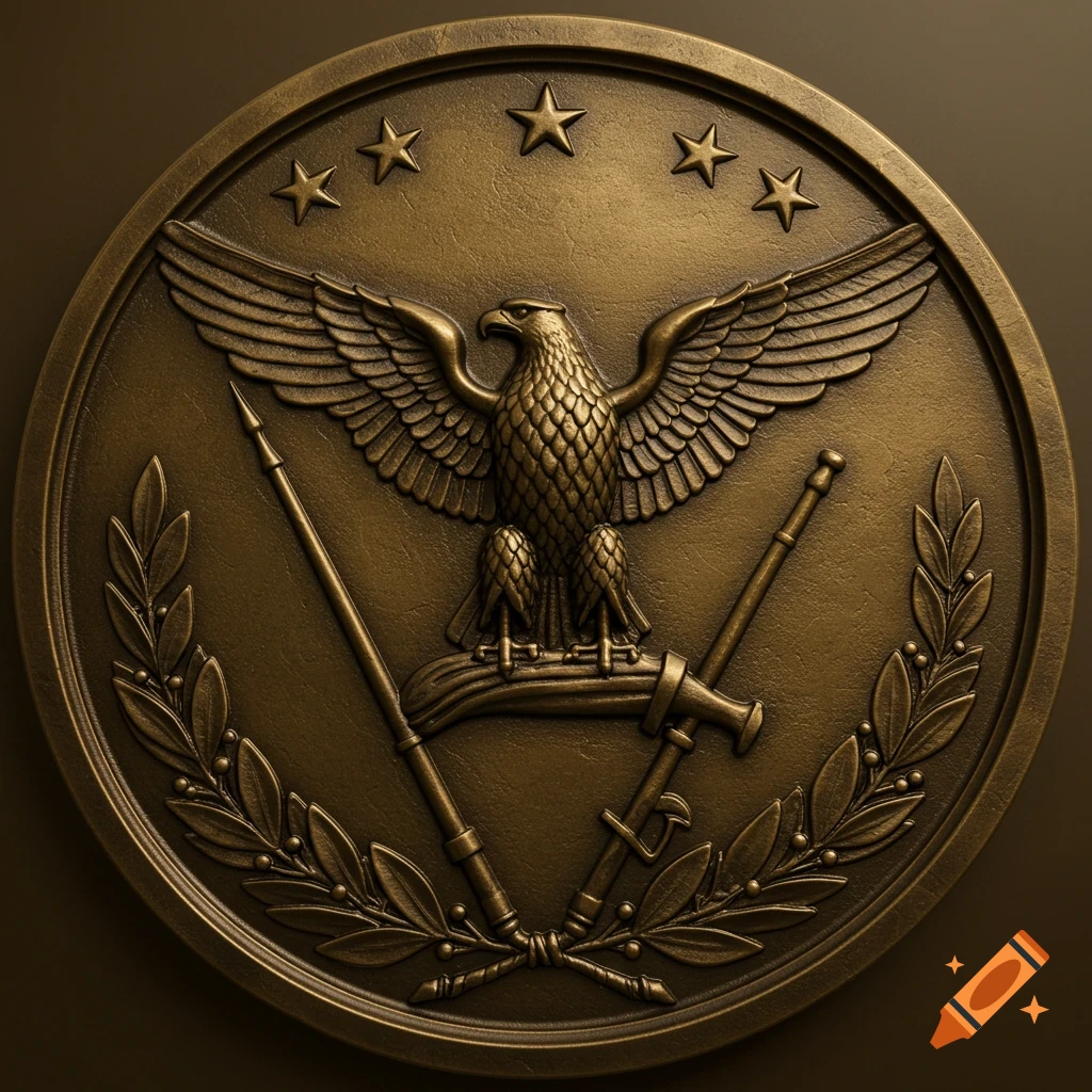 A bronze military medallion featuring an eagle with spread wings, stars, and crossed weapons in bas relief.