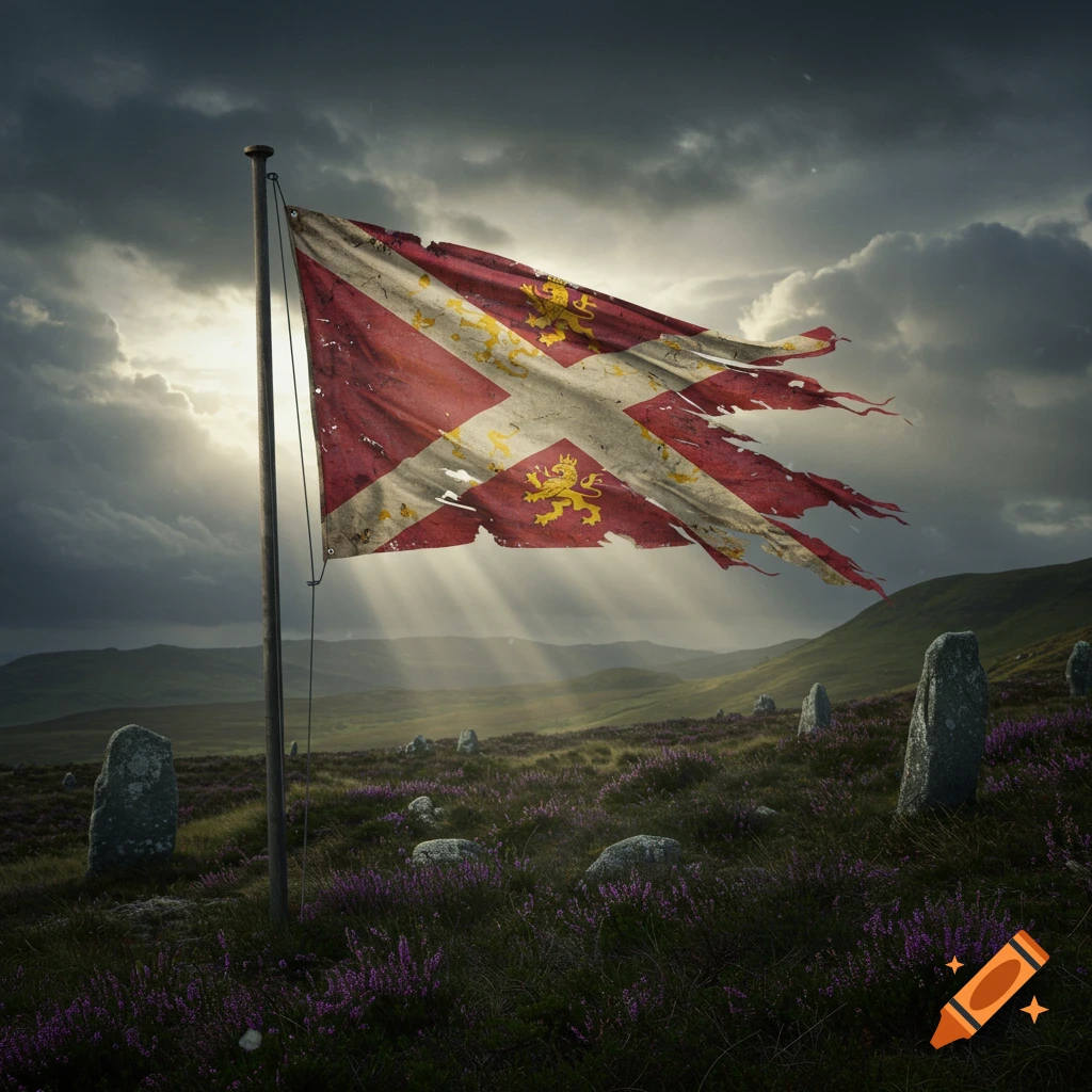 A tattered red and white flag with golden lions flies on a pole in a rocky, heather-covered landscape under a dramatic, sun-drenched sky.