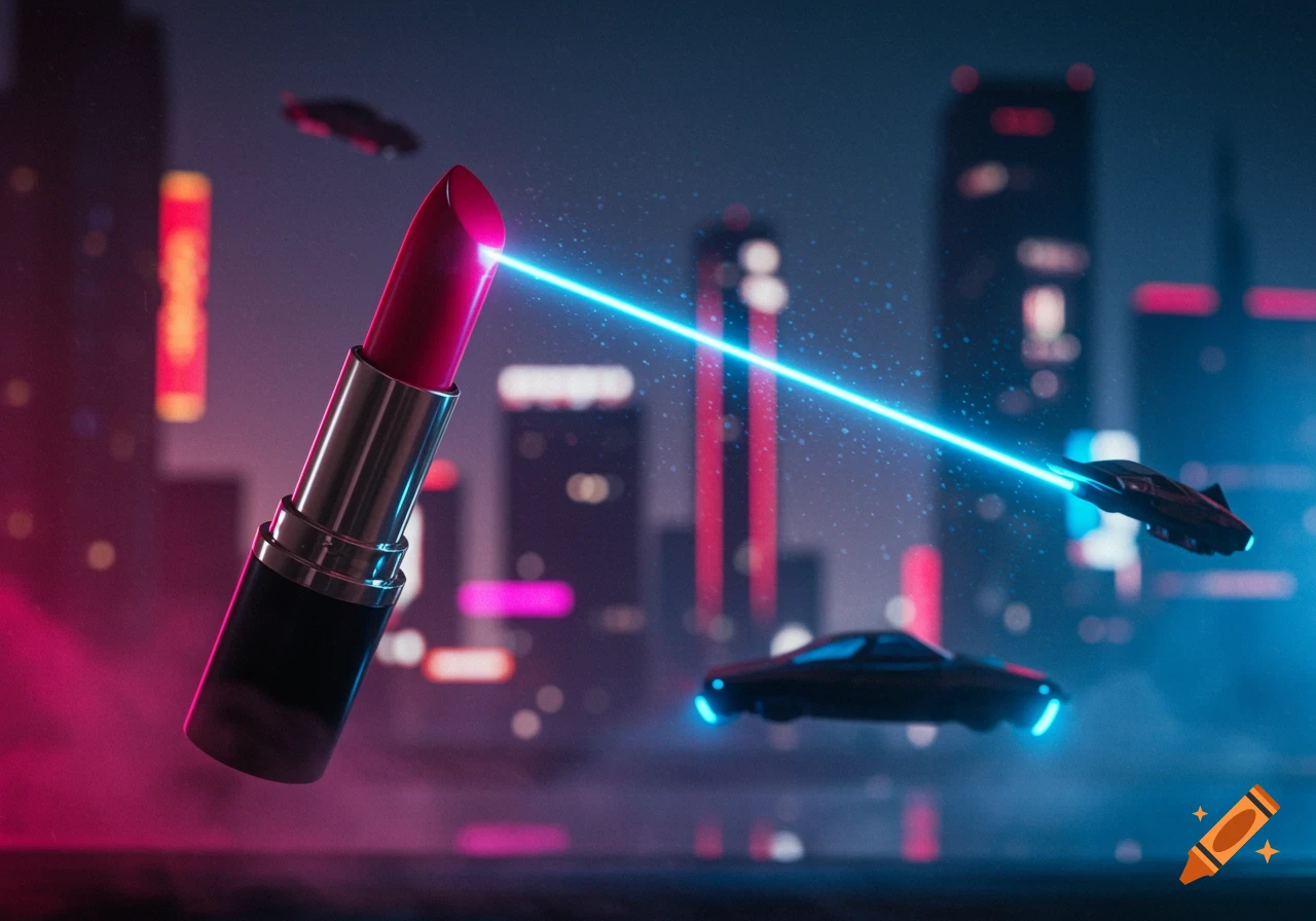 A vibrant pink lipstick emits a glowing blue laser beam over a neon-lit futuristic cityscape with flying cars at night.