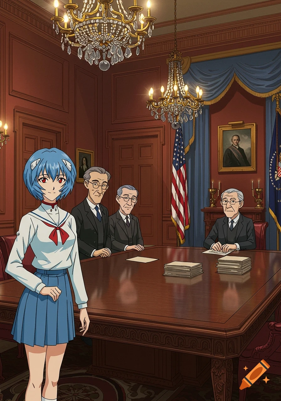 An anime character, Rei Ayanami, in a school uniform stands in a grand room with three older men in suits seated at a large wooden table. An American flag is visible in the background, suggesting a government building.