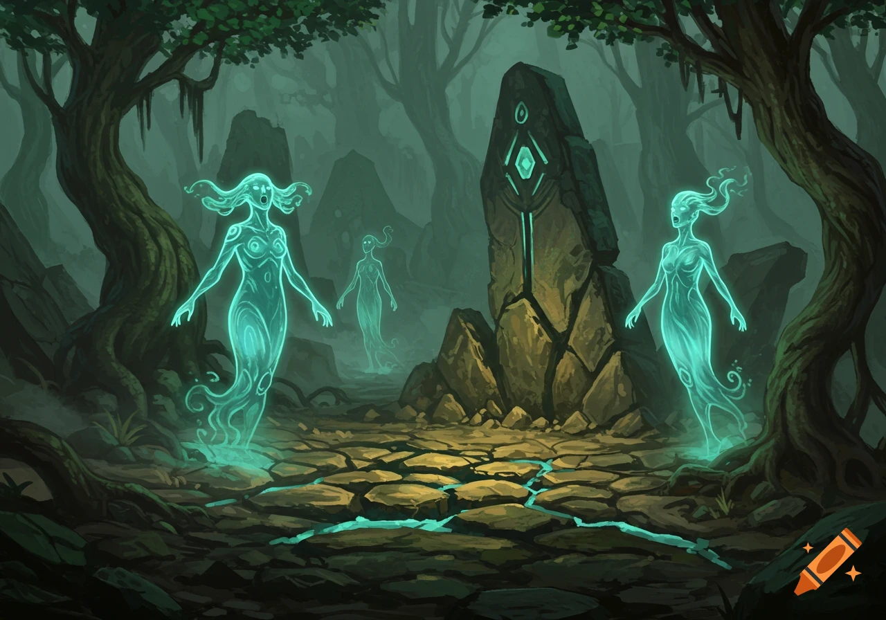 Three ethereal, glowing blue spirits float in a dark, mystical forest with ancient stone monoliths and cracked earth.