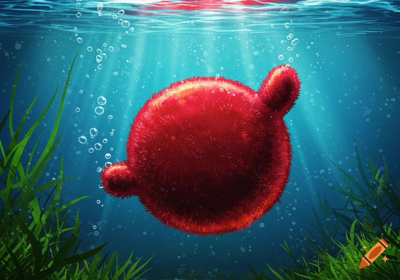 A large, fuzzy, crimson marimo moss ball floats in clear blue underwater with bubbles and green plants, lit by sunbeams.