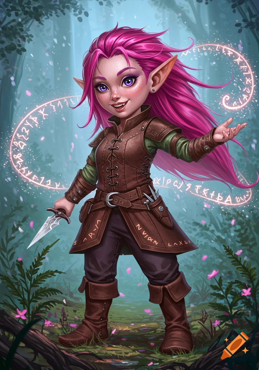 A smiling, small pink-haired halfling arcane trickster with pointed ears, holding a dagger and conjuring magic runes, stands in a mystical forest.